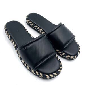 Tory Burch Espadrille Sandals Flat Platform Black Tan Leather Slide‎ Sz 7